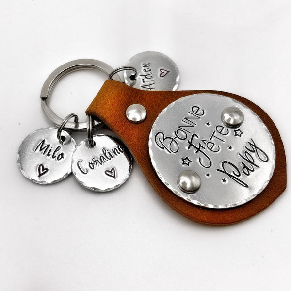 Porte-clés personnalisé en cuir et aluminium | Cadeau Fête des Grands-Pères | Porte Clé Personnalisé Papy Papi