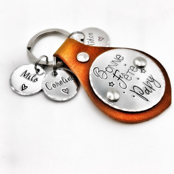 Porte-clés personnalisé en cuir et aluminium | Cadeau Fête des Grands-Pères | Porte Clé Personnalisé Papy Papi