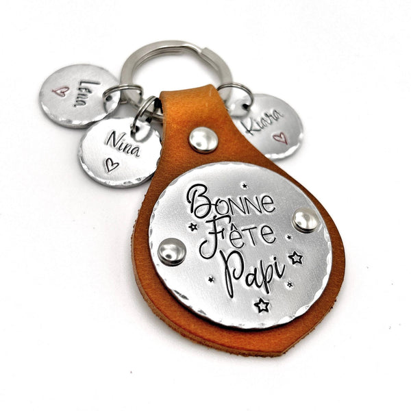 Porte-clés personnalisé en cuir et aluminium | Cadeau Fête des Grands-Pères | Porte Clé Personnalisé Papy Papi