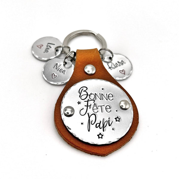 Porte-clés personnalisé en cuir et aluminium | Cadeau Fête des Grands-Pères | Porte Clé Personnalisé Papy Papi