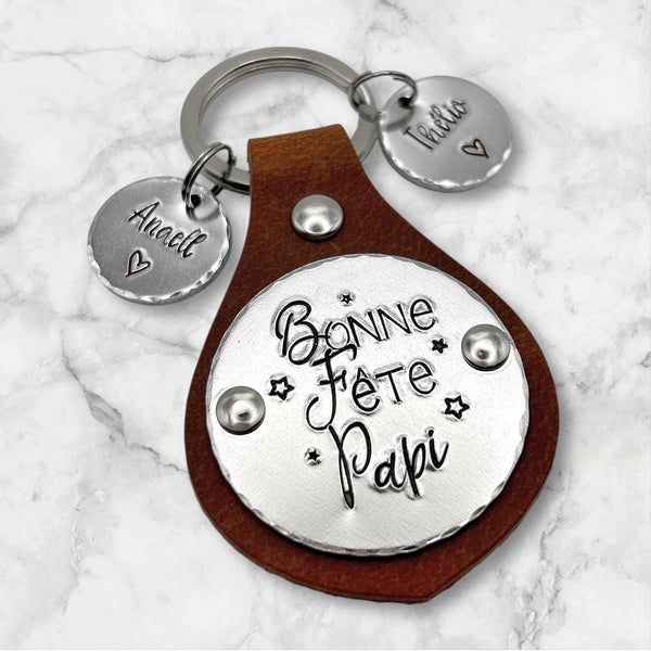Porte-clés personnalisé en cuir et aluminium | Cadeau Fête des Grands-Pères | Porte Clé Personnalisé Papy Papi