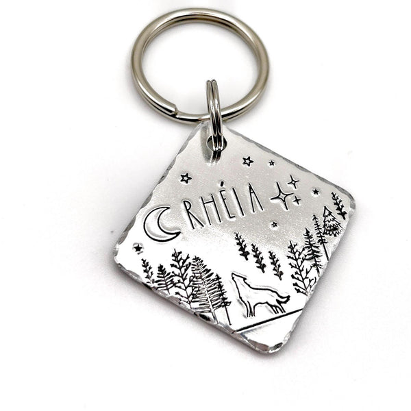 Médaillon d'identification, Médaille avec Loup, Lune et Arbres, Personnalisée