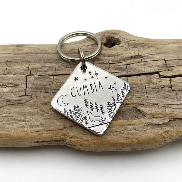 Médaillon d'identification, Médaille avec Loup, Lune et Arbres, Personnalisée