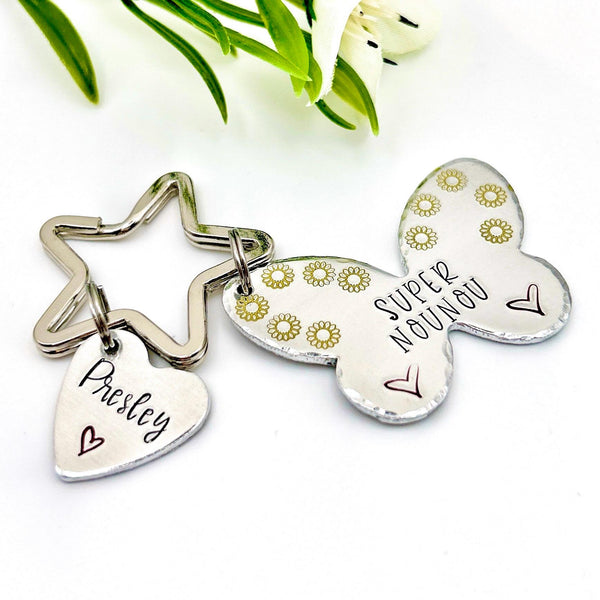 Super Nounou, Hand Stamped Nounou Gift, French Nounou, Keychain Nounou