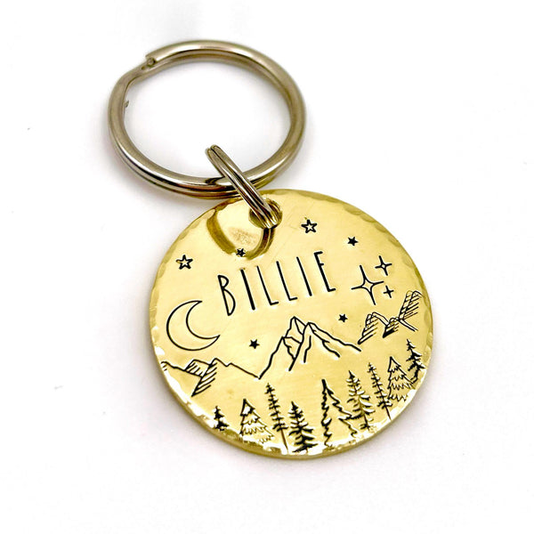 Médaille pour Chien en Laiton - Médaillon Personnalisé - Montagnes et Arbres