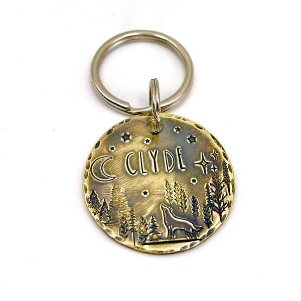 Médaille Personnalisée pour Chien, Médaillon en Laiton, Montagnes et Arbres, Médaille avec Loup