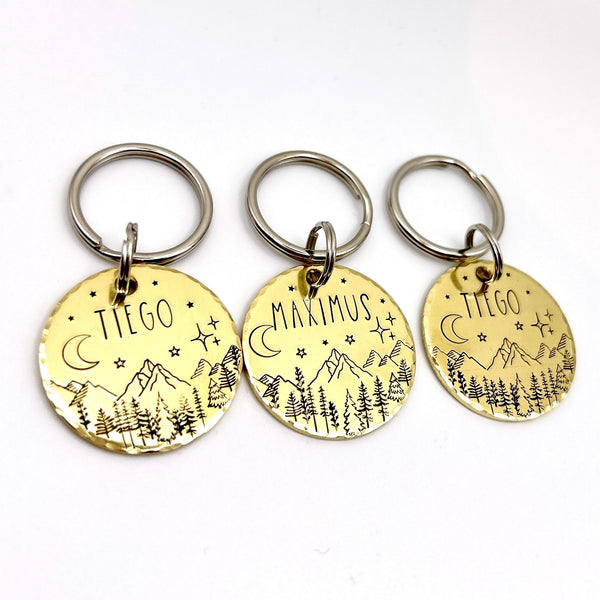 Médaille pour Chien en Laiton - Médaillon Personnalisé - Montagnes et Arbres