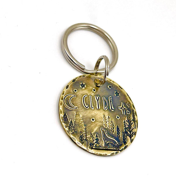 Médaille Personnalisée pour Chien, Médaillon en Laiton, Montagnes et Arbres, Médaille avec Loup
