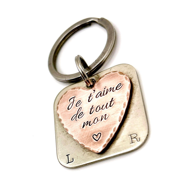 Porte-clés en maillechort et cuivre | Cadeau Saint Valentin | Initiales personnalisées