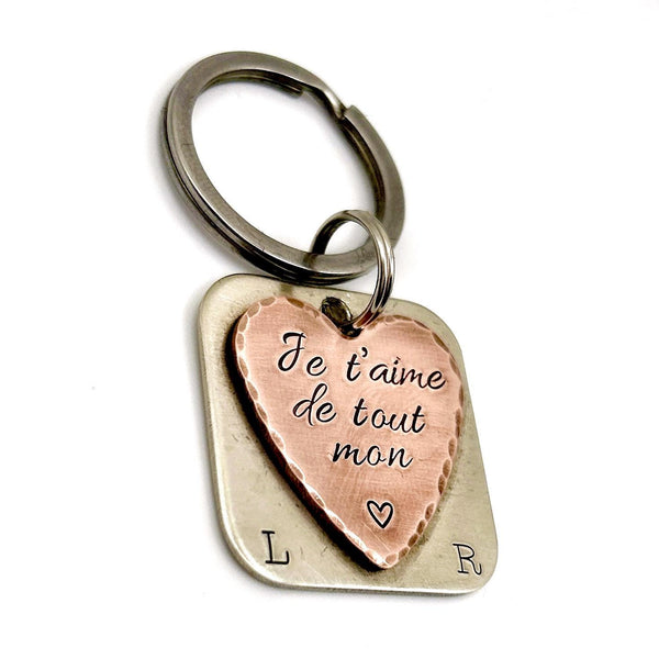 Porte-clés en maillechort et cuivre | Cadeau Saint Valentin | Initiales personnalisées