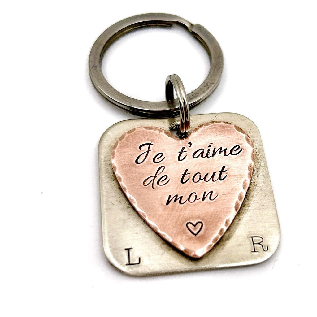 Porte-clés en maillechort et cuivre | Cadeau Saint Valentin | Initiales personnalisées