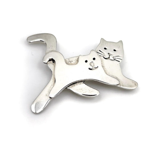 Broche Chat Argent Massif - Maman Chat et Chaton - Broche Vintage Féline
