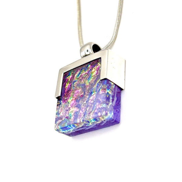 Pendentif en argent massif et verre fusionné - Rose, Violet - Collier Femme Saint Valentin
