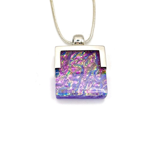 Pendentif en argent massif et verre fusionné - Rose, Violet - Collier Femme Saint Valentin