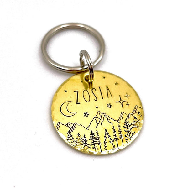 Médaille pour Chien en Laiton - Médaillon Personnalisé - Montagnes et Arbres