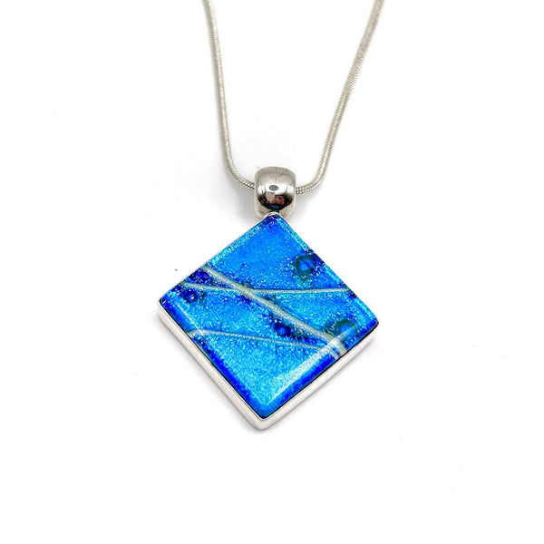 Pendentif en argent massif et verre fusionné - Collier Bleu - Cadeau Femme Saint Valentin