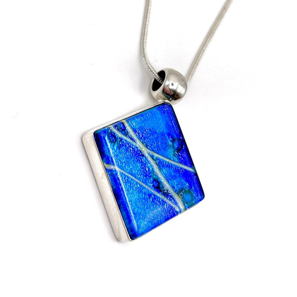 Pendentif en argent massif et verre fusionné - Collier Bleu - Cadeau Femme Saint Valentin