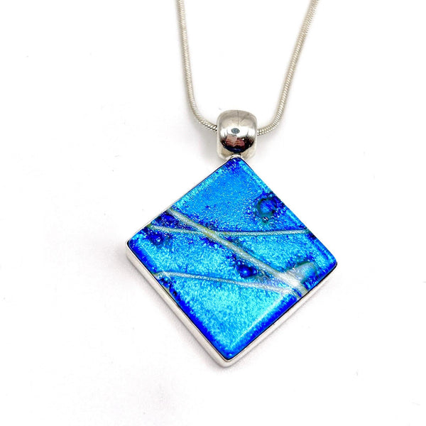 Pendentif en argent massif et verre fusionné - Collier Bleu - Cadeau Femme Saint Valentin