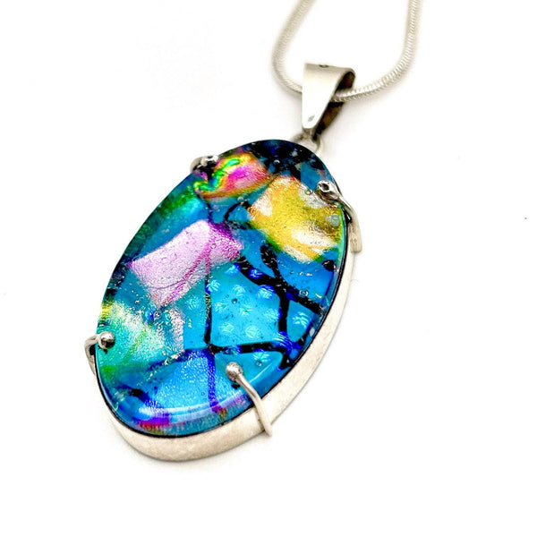 Collier pendentif en verre dichroïque – Argent sterling, pièce unique - Reflets d’Océan