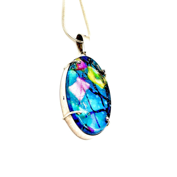 Collier pendentif en verre dichroïque – Argent sterling, pièce unique - Reflets d’Océan