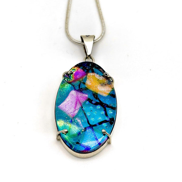 Collier pendentif en verre dichroïque – Argent sterling, pièce unique - Reflets d’Océan