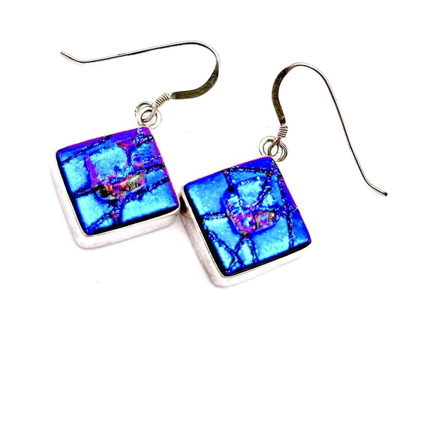Boucles d'Oreilles en Verre - Violet et Bleu Irisé - Cadeau Femme