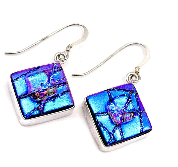 Boucles d'Oreilles en Verre - Violet et Bleu Irisé - Cadeau Femme