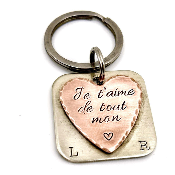 Porte-clés en maillechort et cuivre | Cadeau Saint Valentin | Initiales personnalisées