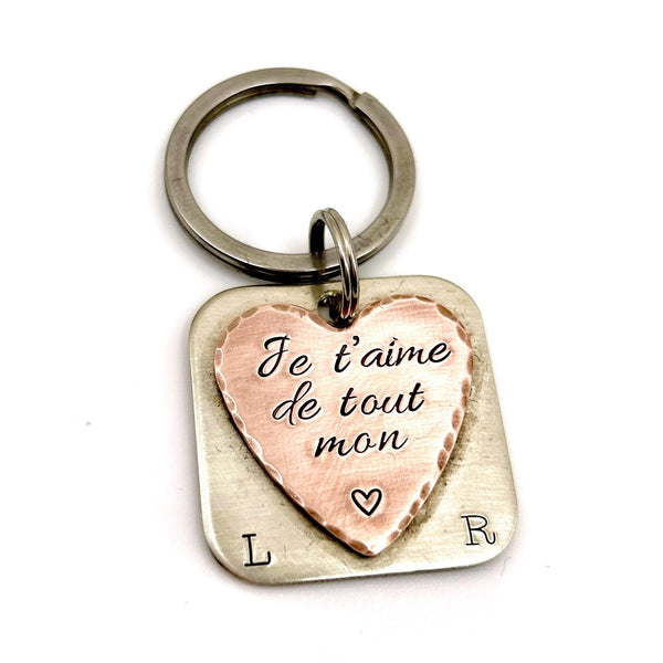 Porte-clés en maillechort et cuivre | Cadeau Saint Valentin | Initiales personnalisées