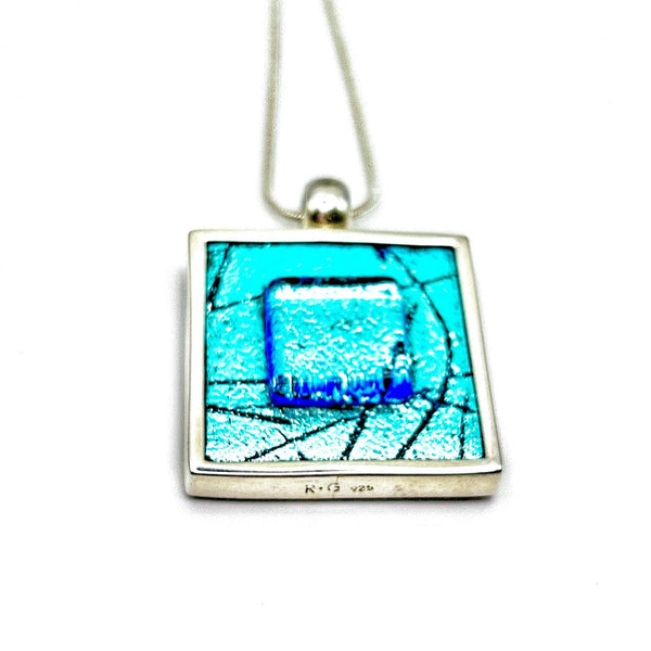 Pendentif en verre dichroïque aqua – Cadeau d’anniversaire ou de fête - Argent Massif