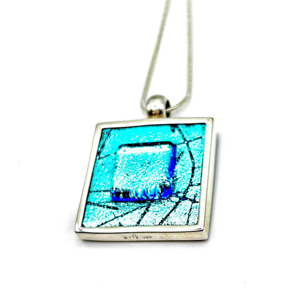 Pendentif en verre dichroïque aqua – Cadeau d’anniversaire ou de fête - Argent Massif