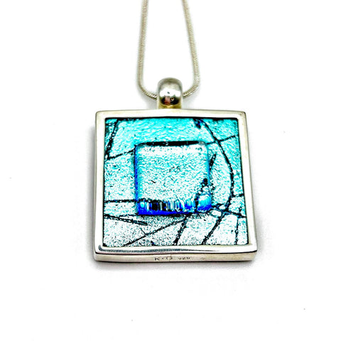 Pendentif en verre dichroïque aqua – Cadeau d’anniversaire ou de fête - Argent Massif