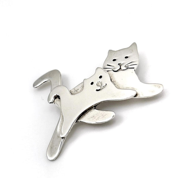 Broche Chat Argent Massif - Maman Chat et Chaton - Broche Vintage Féline