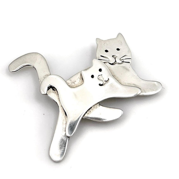 Broche Chat Argent Massif - Maman Chat et Chaton - Broche Vintage Féline