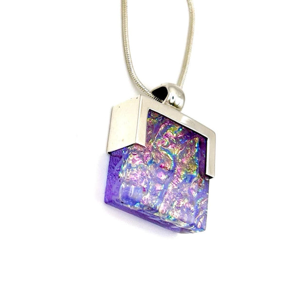 Pendentif en argent massif et verre fusionné - Rose, Violet - Collier Femme Saint Valentin