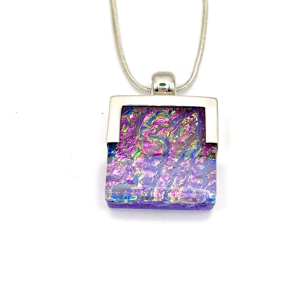Pendentif en argent massif et verre fusionné - Rose, Violet - Collier Femme Saint Valentin