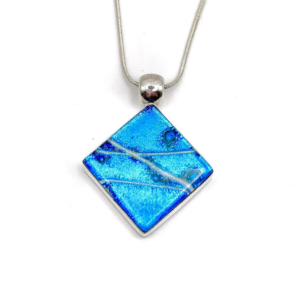 Pendentif en argent massif et verre fusionné - Collier Bleu - Cadeau Femme Saint Valentin