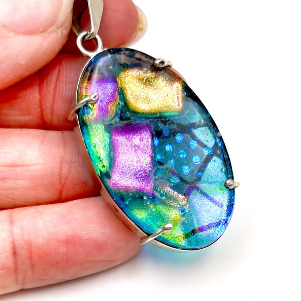 Collier pendentif en verre dichroïque – Argent sterling, pièce unique - Reflets d’Océan