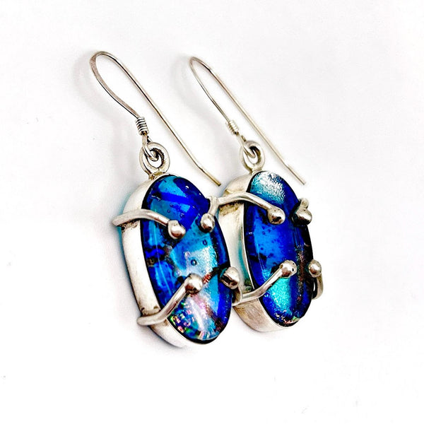Magnifique Boucles d’oreilles en verre dichroïque et argent massif -Bijou d’art en verre - Idée cadeau Fête des Grands-Mères