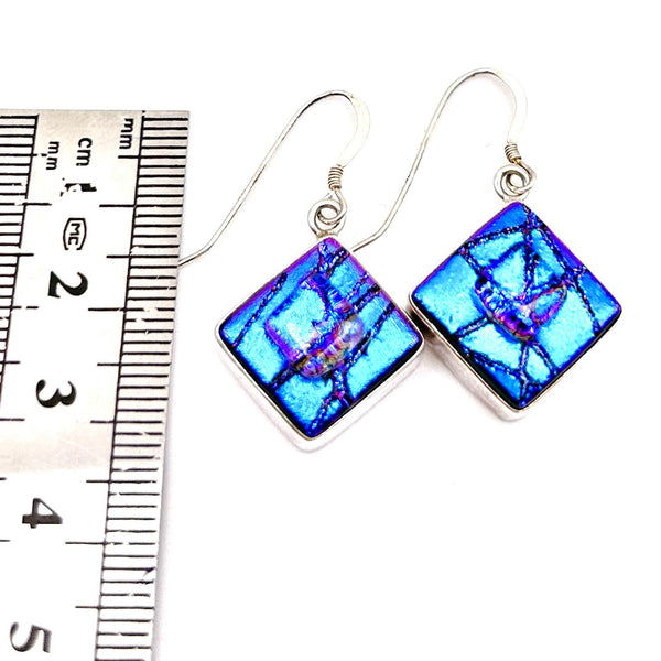 Boucles d'Oreilles en Verre - Violet et Bleu Irisé - Cadeau Femme