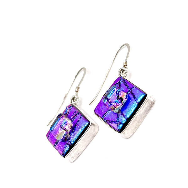 Boucles d'Oreilles en Verre - Violet et Bleu Irisé - Cadeau Femme