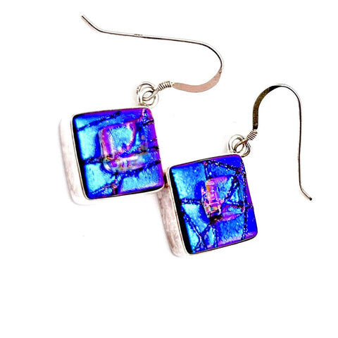 Boucles d'Oreilles en Verre - Violet et Bleu Irisé - Cadeau Femme