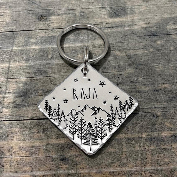 Médaille Personnalisée pour Chien, Personnalisable, Forêt et Montagnes
