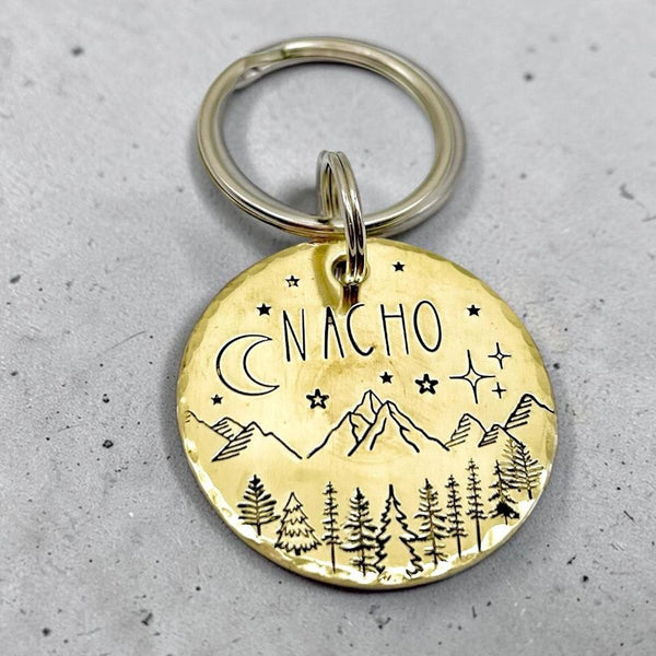 Médaille pour Chien en Laiton - Médaillon Personnalisé - Montagnes et Arbres