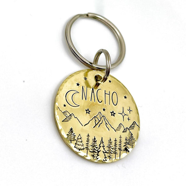 Médaille pour Chien en Laiton - Médaillon Personnalisé - Montagnes et Arbres