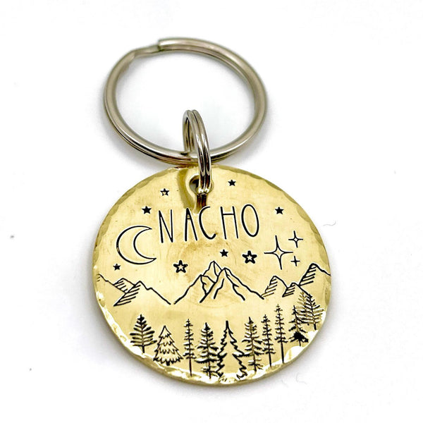 Médaille pour Chien en Laiton - Médaillon Personnalisé - Montagnes et Arbres
