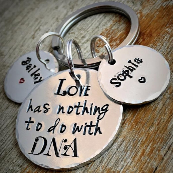 Hand Stamped Step-Dad Keychain, 'Love has nothing to do with DNA'