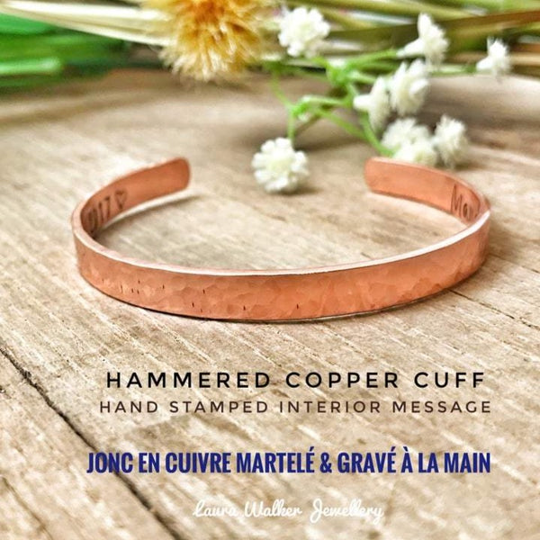 Copper Cuff Bracelet, Hammered Copper Cuff, Stamped Copper Bangle, Personalised Copper Cuff