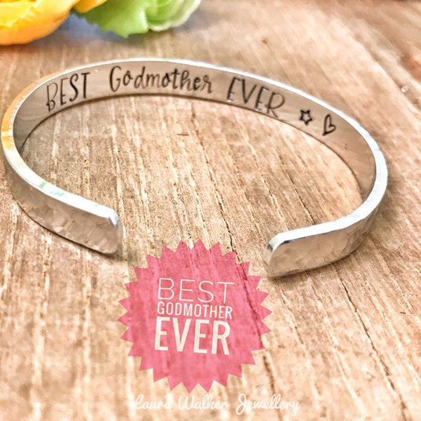 Godmother Cuff Bracelet, Stamped Cuff 'Best Godmother Ever'