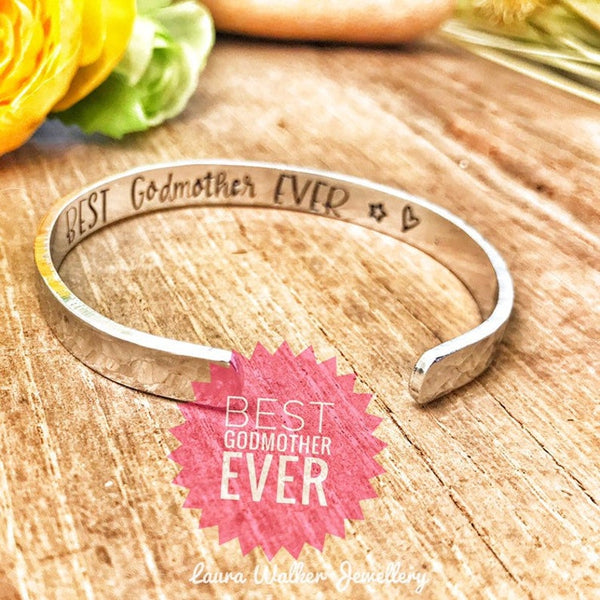 Godmother Cuff Bracelet, Stamped Cuff 'Best Godmother Ever'